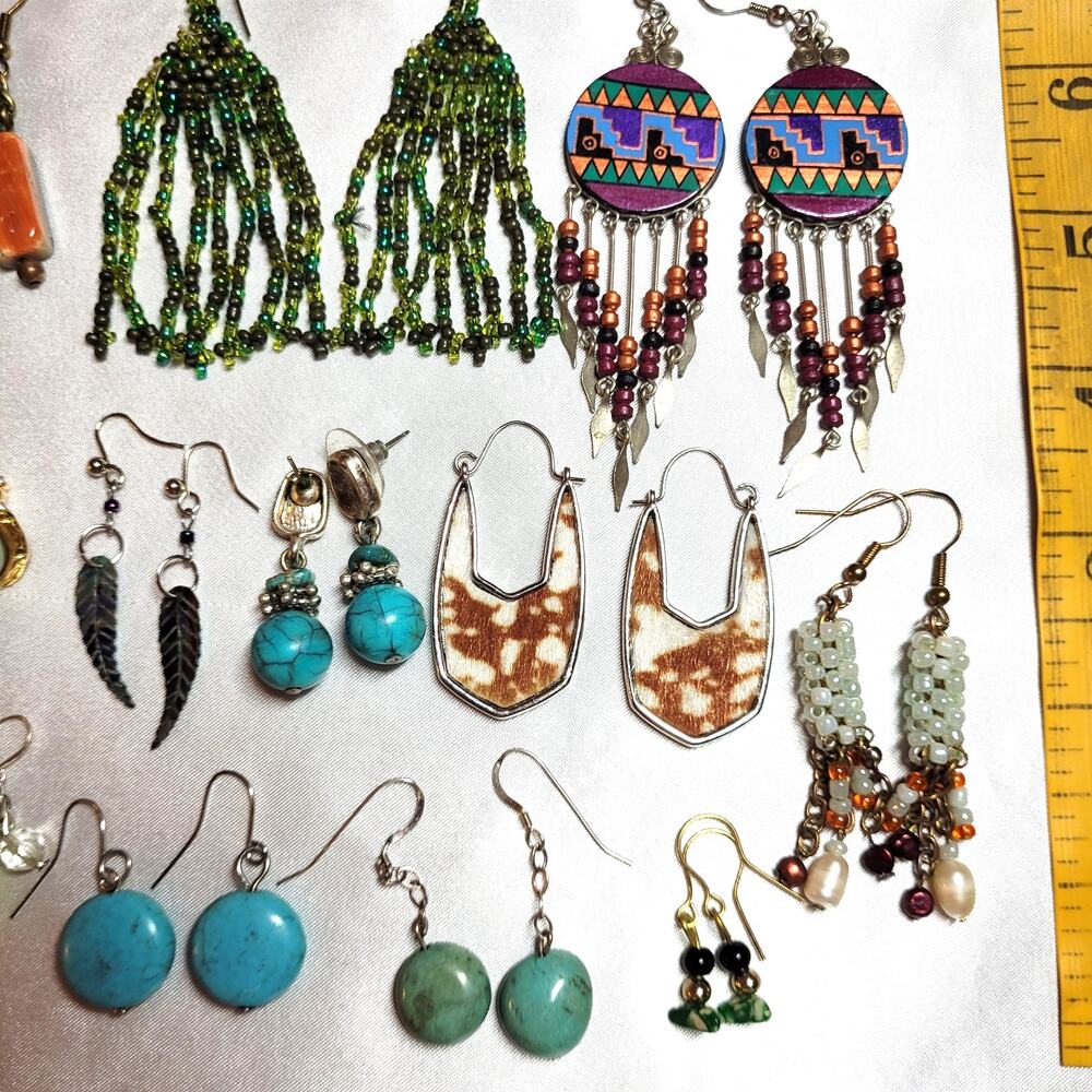 13 Pc Earrings Lot Retro Boho Western Southwestern Dangle Beaded Gemstone Chips - Picture 3 of 9